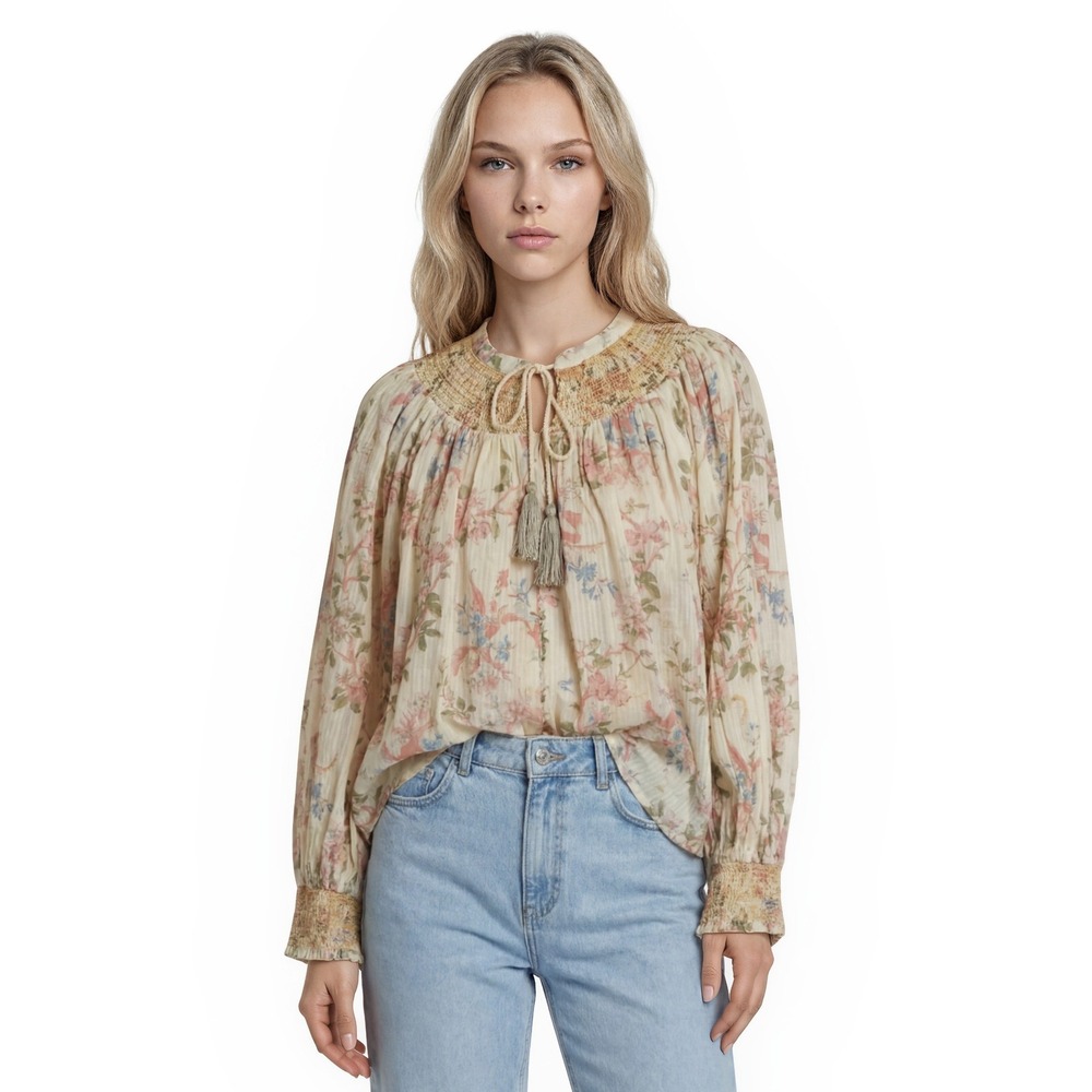 Anthropologie Cream Floral Tie-Neck Peasant Blouse